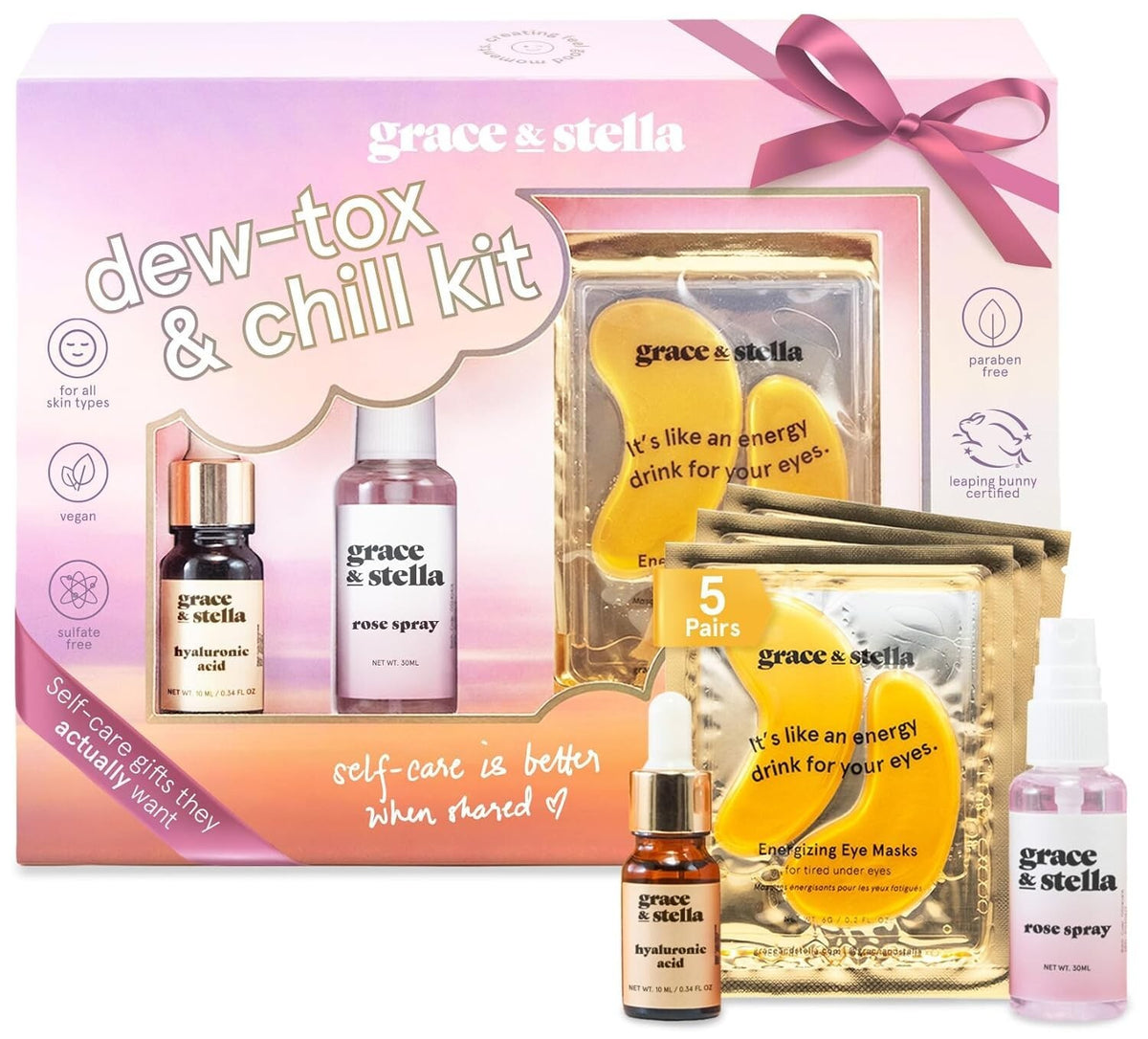 Hydrating Skin Care Set with Eye Masks & Hyaluronic Acid Serum Mist - Vegan & Cruelty-Free