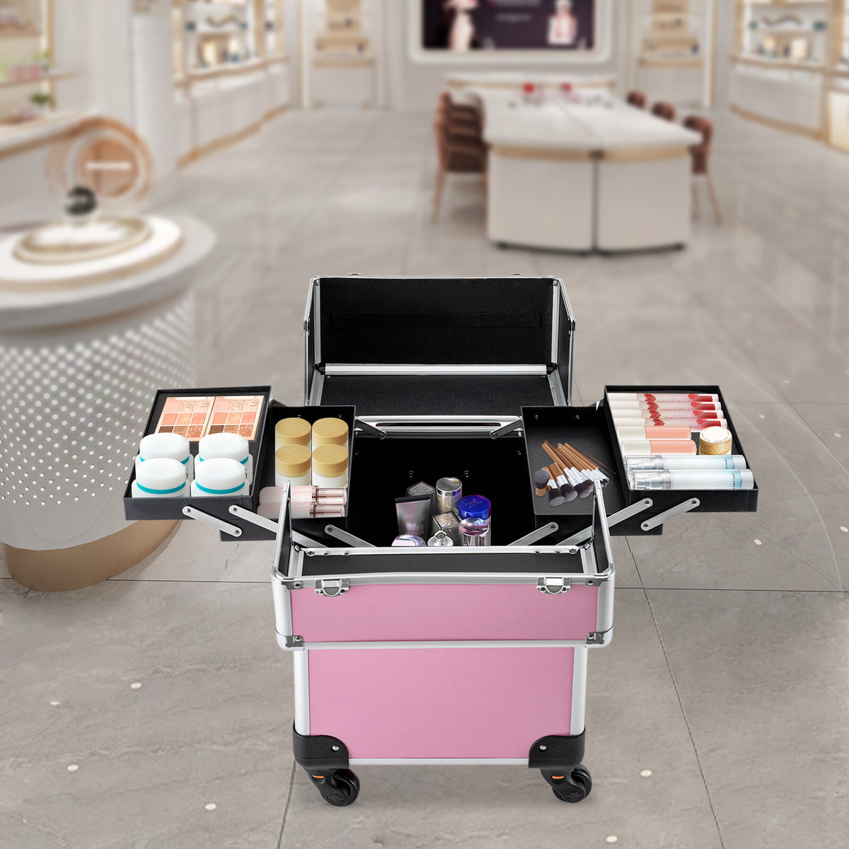 Pink Aluminum Rolling Makeup Train Case with Multiple Compartments
