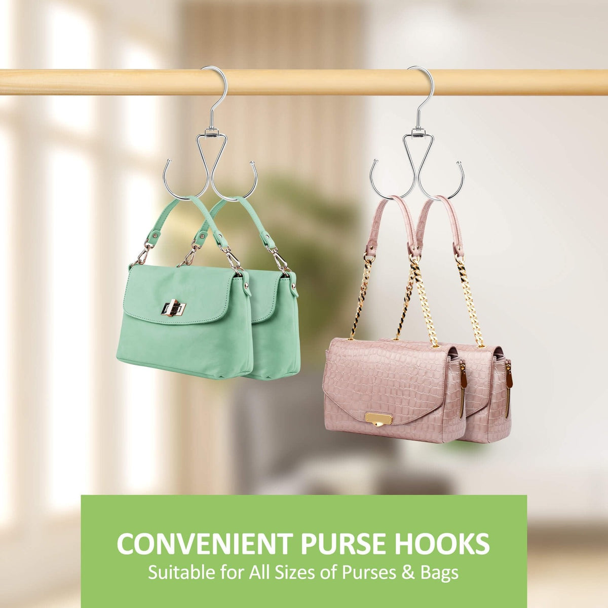 6 Pack Rotatable Purse Hooks for Closet Storage, Metal, Silver
