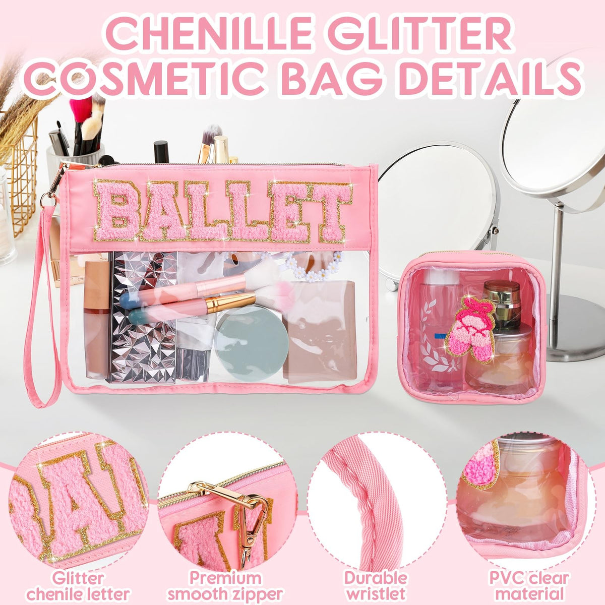 Ballet Themed Chenille Letter Bags – 2 Pcs Makeup & Toiletry Pouches, PVC Waterproof