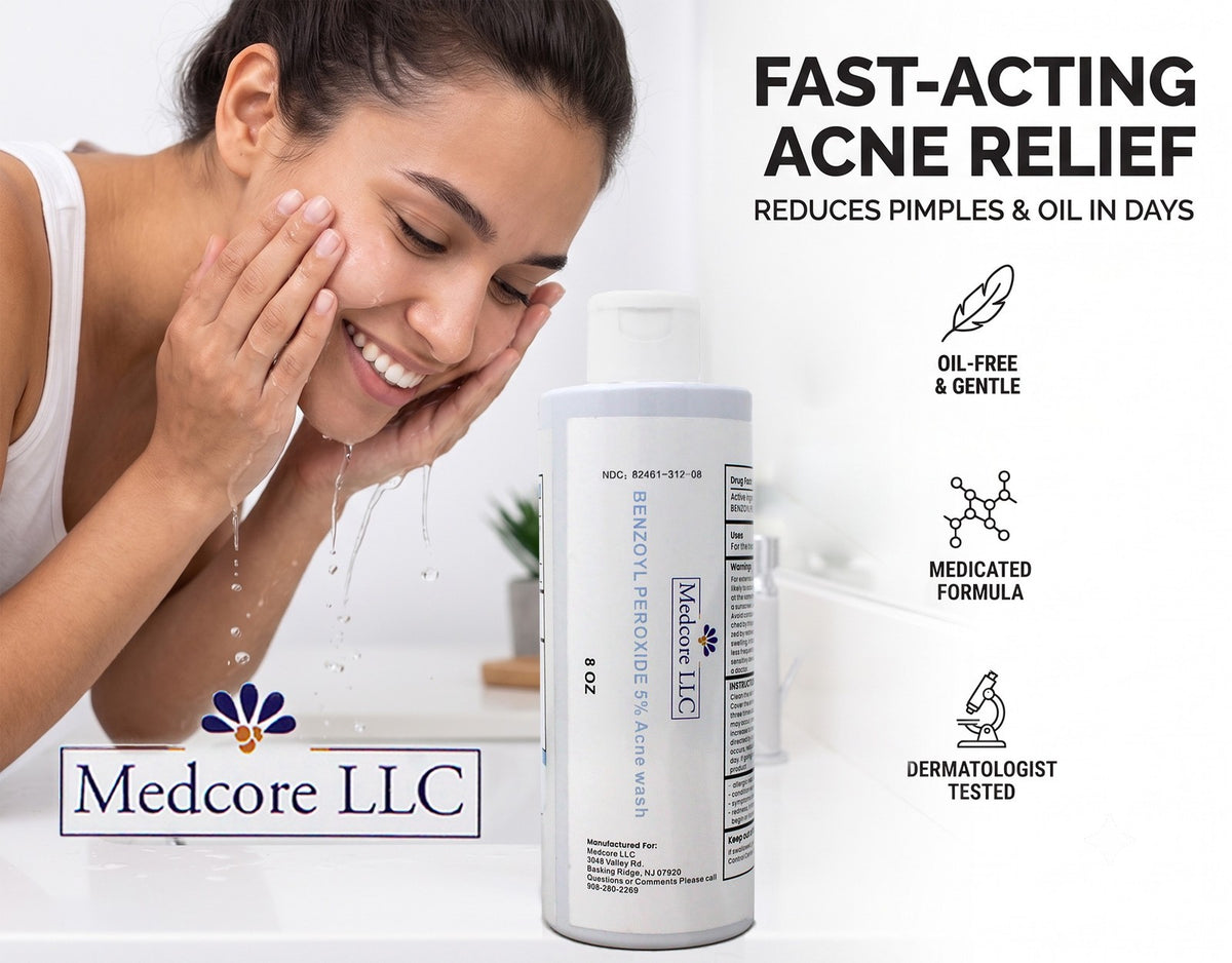 Medcore Benzoyl Peroxide 5% Acne Wash - 8 oz, Pack of 5 for Acne Treatment