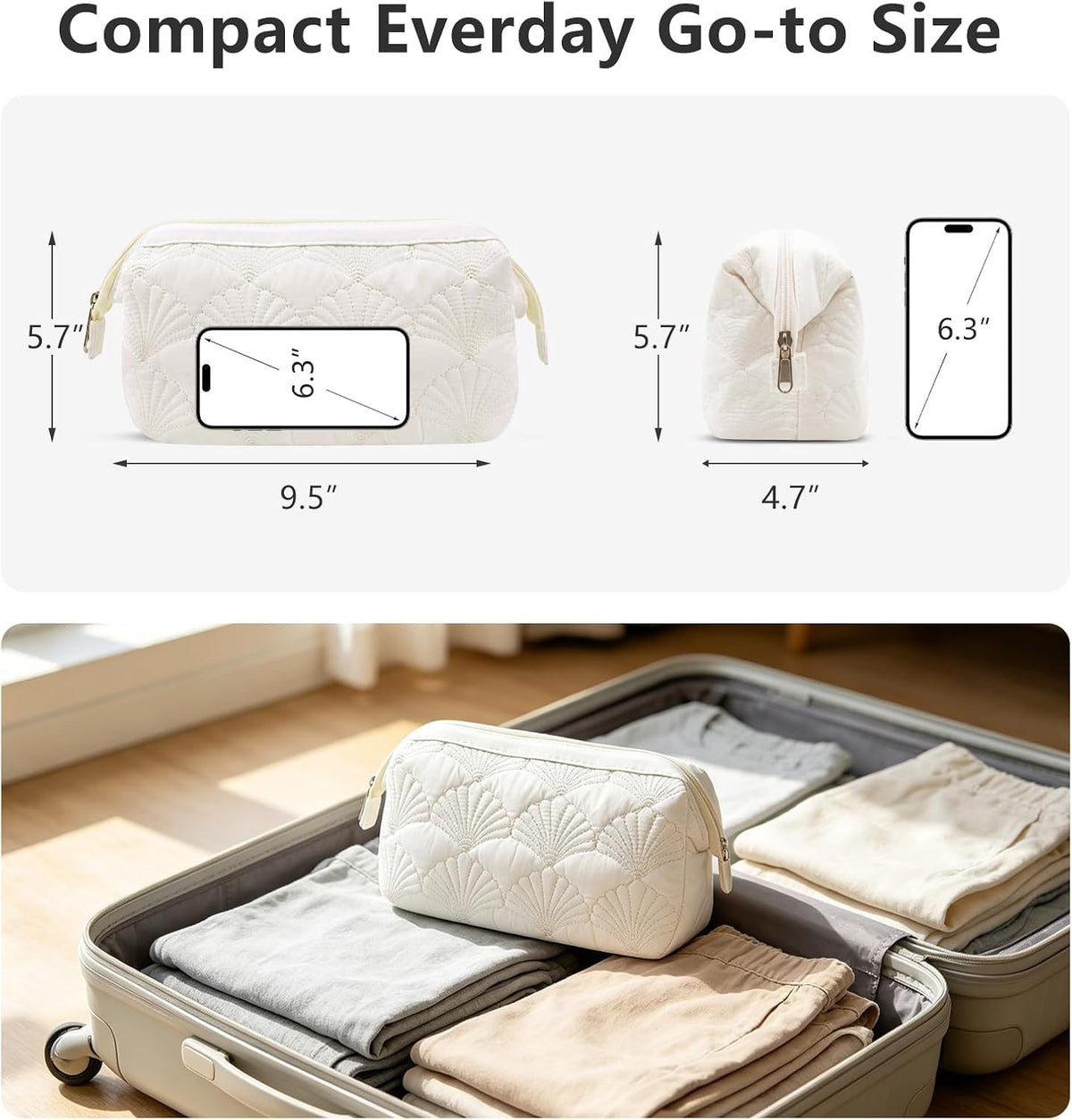 Travel Makeup Bag for Women - White Shell Padded Cosmetic Pouch with Wide Opening