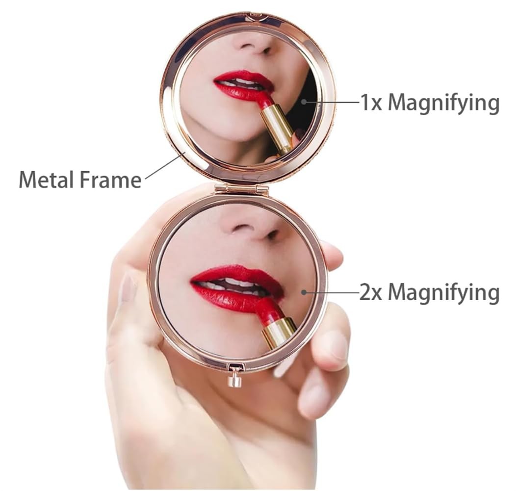 Rose Gold Compact Mirror with 1x/2x Magnification - Portable Folding 2.76 Inch Double-Sided Makeup Mirror