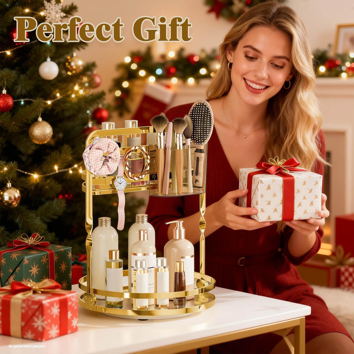 Rotating Makeup Organizer with 2-Tier Storage and Jewelry Hooks - Gold