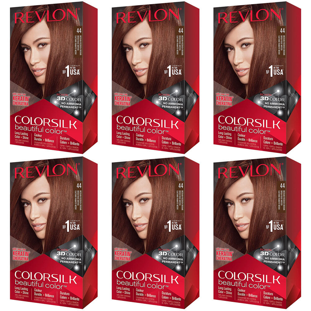 Revlon Colorsilk Beautiful Color Permanent Hair Dye 44 Medium Reddish Brown 6-Pack