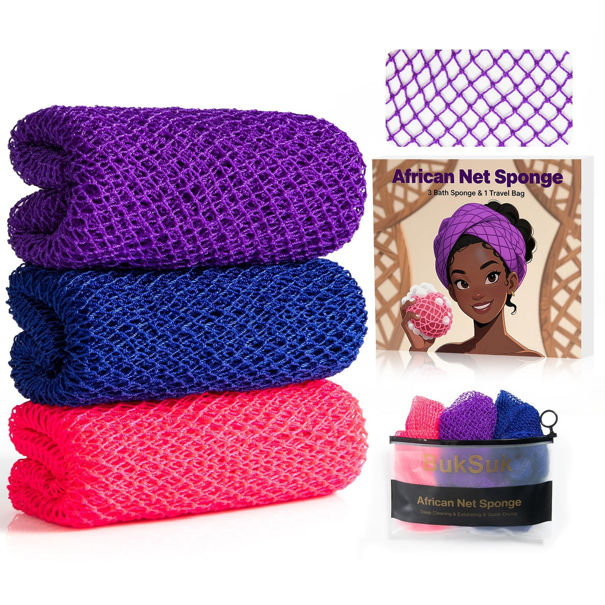 African Net Sponge - Exfoliating Nylon Bath Scrubber, 3-Pack