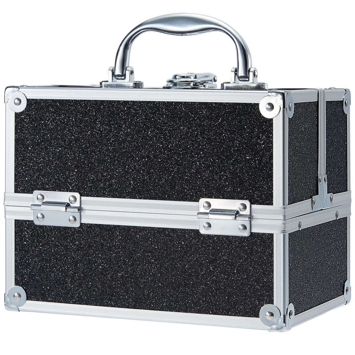 Black Portable Makeup Train Case with Lock & Multi-Tier Organizer