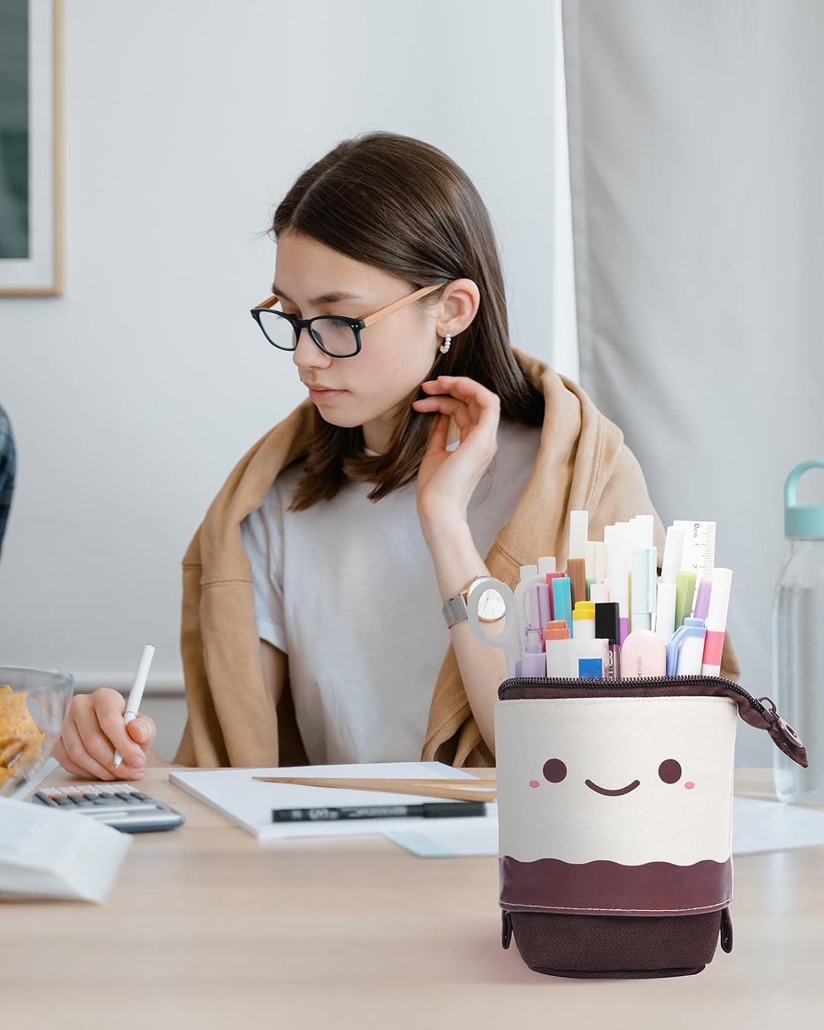 Brown Telescopic Pencil Case - Multi-Functional Makeup & Art Bag