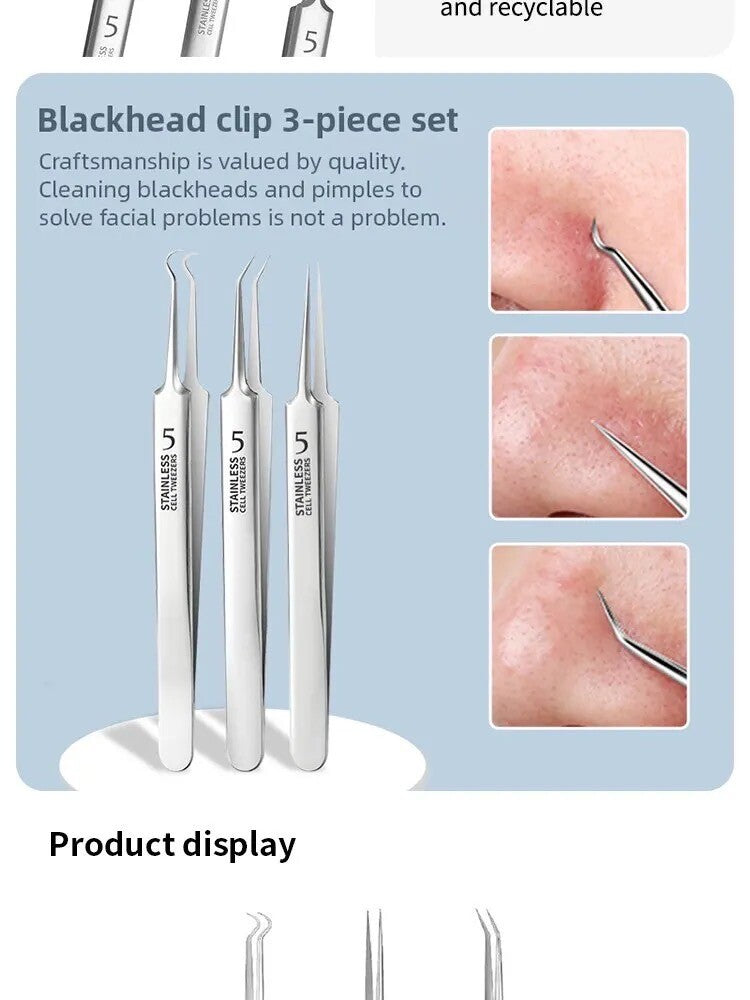 3PC Ultra-Fine Blackhead Remover Tweezer Set for Face Care - Salon Quality