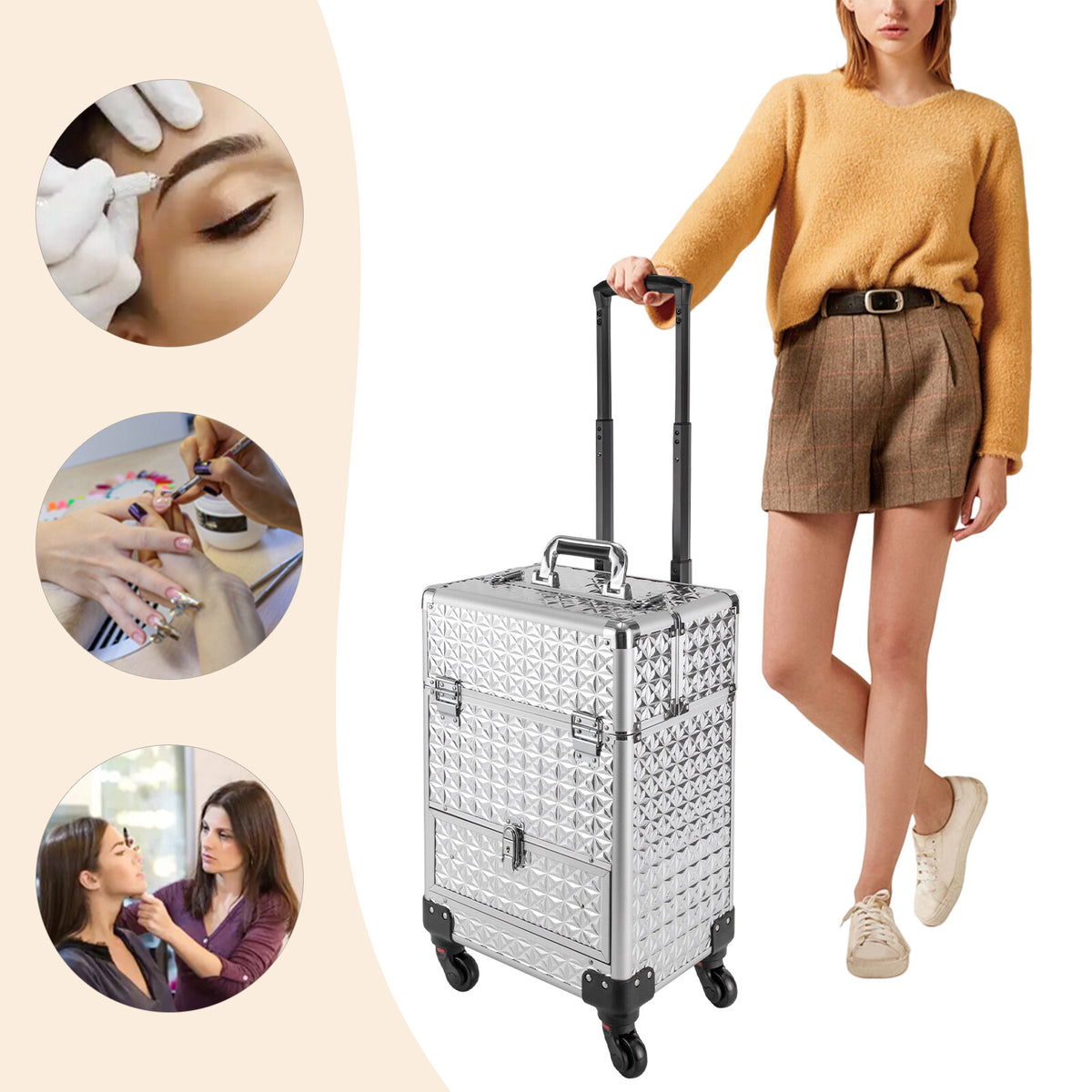Rolling Makeup Train Case with 7 Compartments and 4 Wheels Cosmetic Storage Trolley