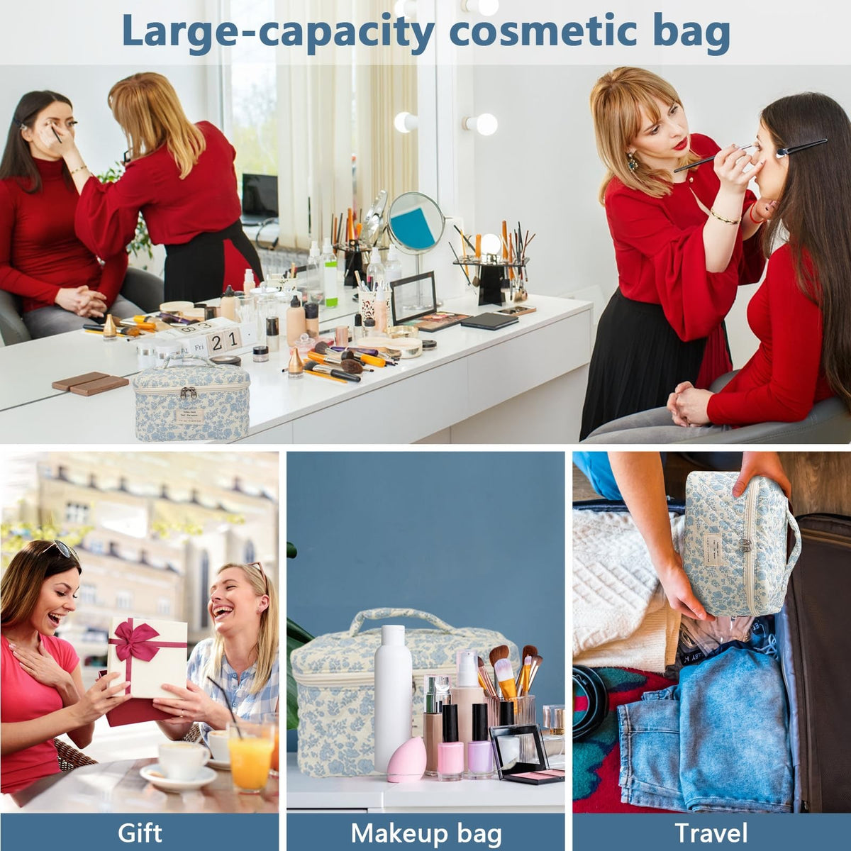 Large Floral Makeup Bag - Travel Cosmetic Organizer with Zipper