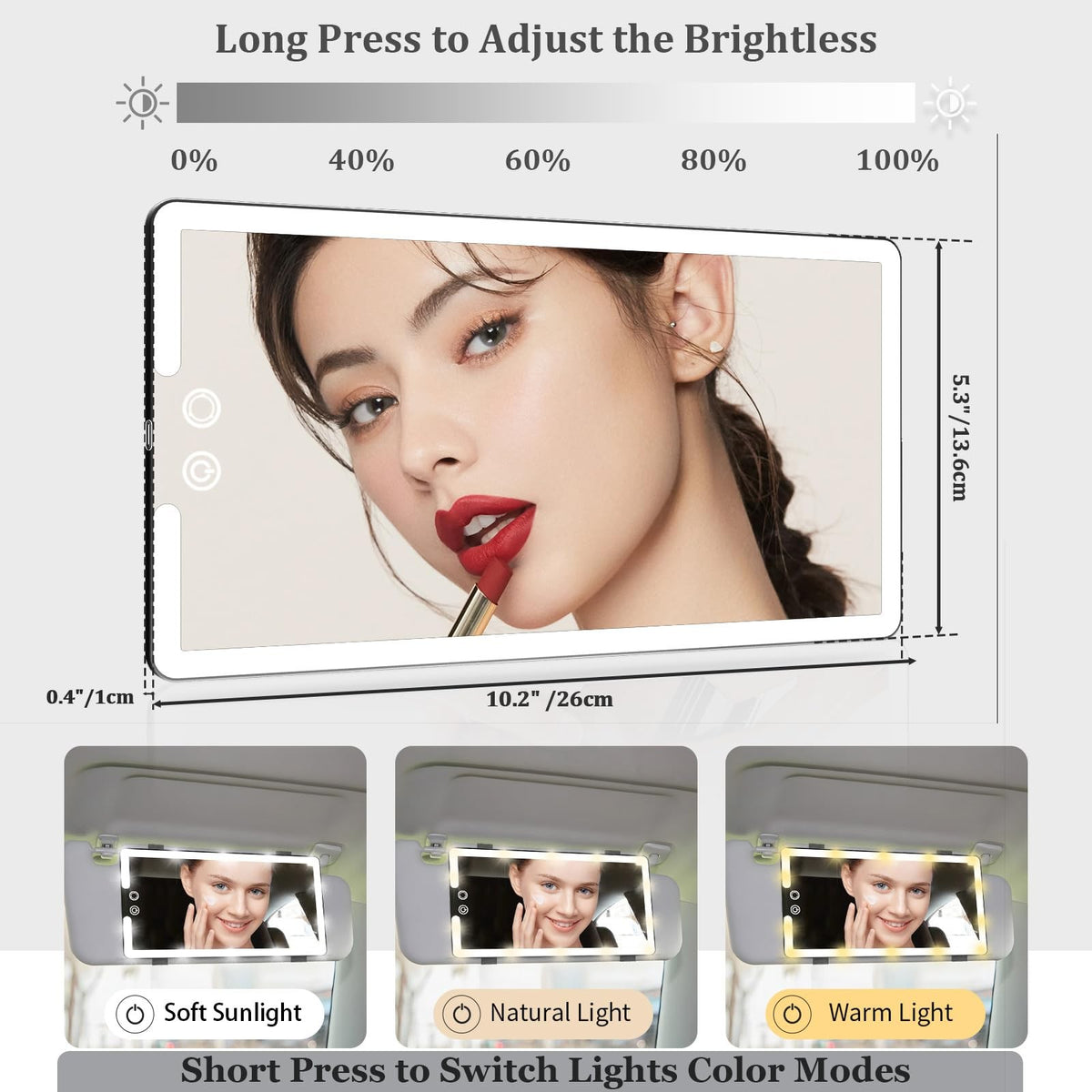 LED Car Sun Visor Vanity Mirror with Dimmable Light - Large Interior Makeup Mirror
