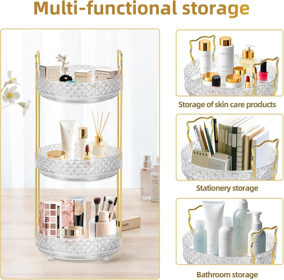 360° Rotating Makeup Organizer with 3 Tiers for Vanity and Bathroom Counter