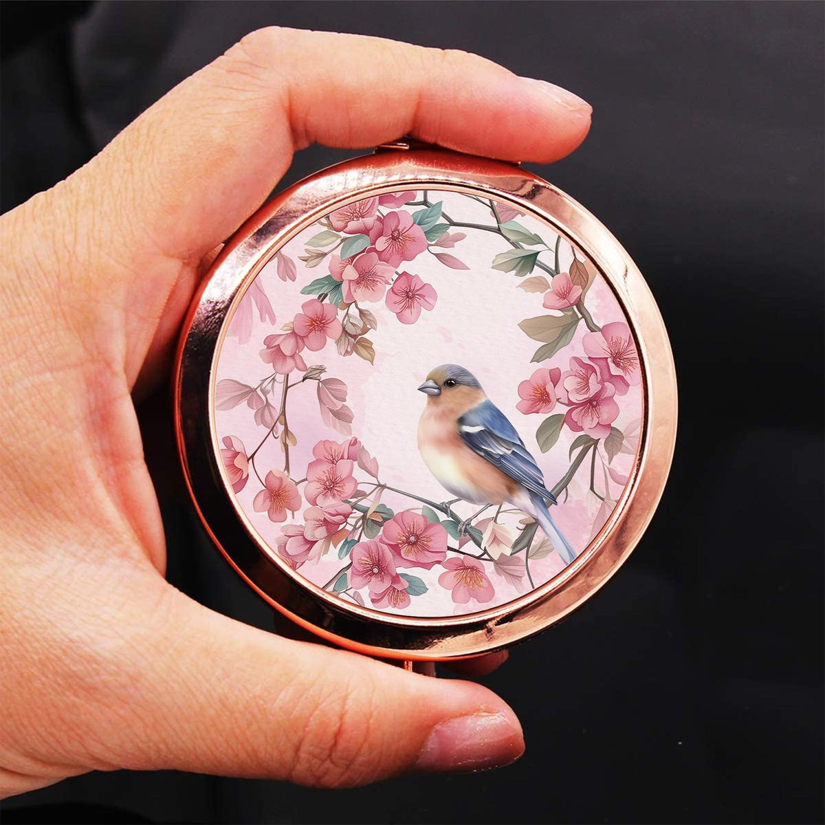 Rose Gold Compact Mirror with 2x Magnification for Women - Portable Bird Watercolour Design