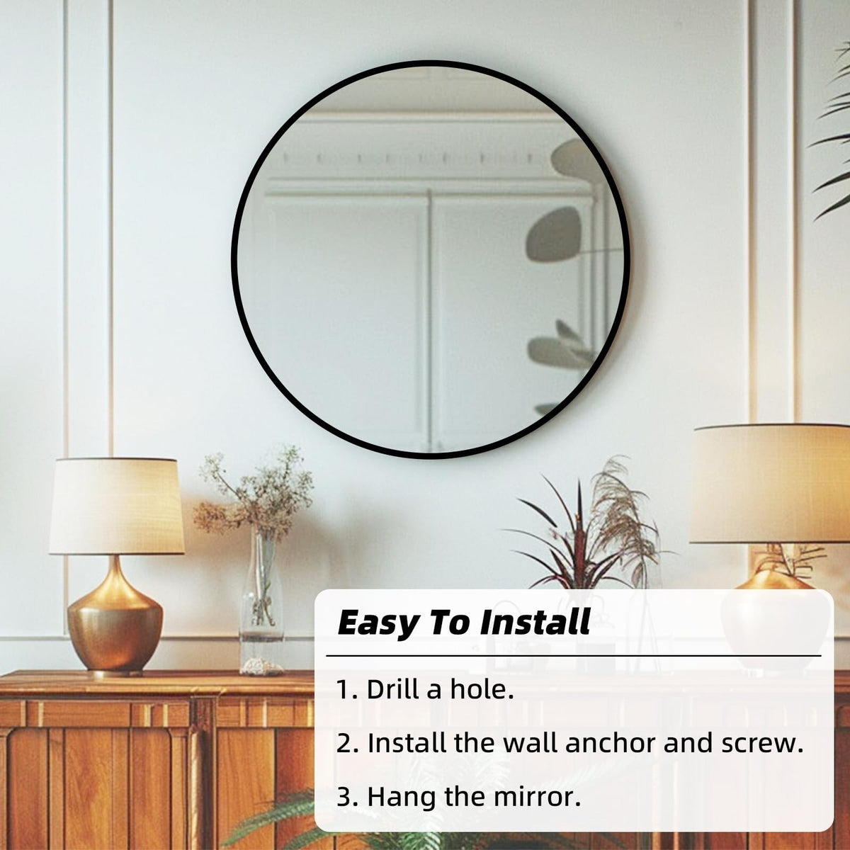 Round Wall Mirror 20 Inch Black Aluminum Frame - Modern Circle Wall Mirror