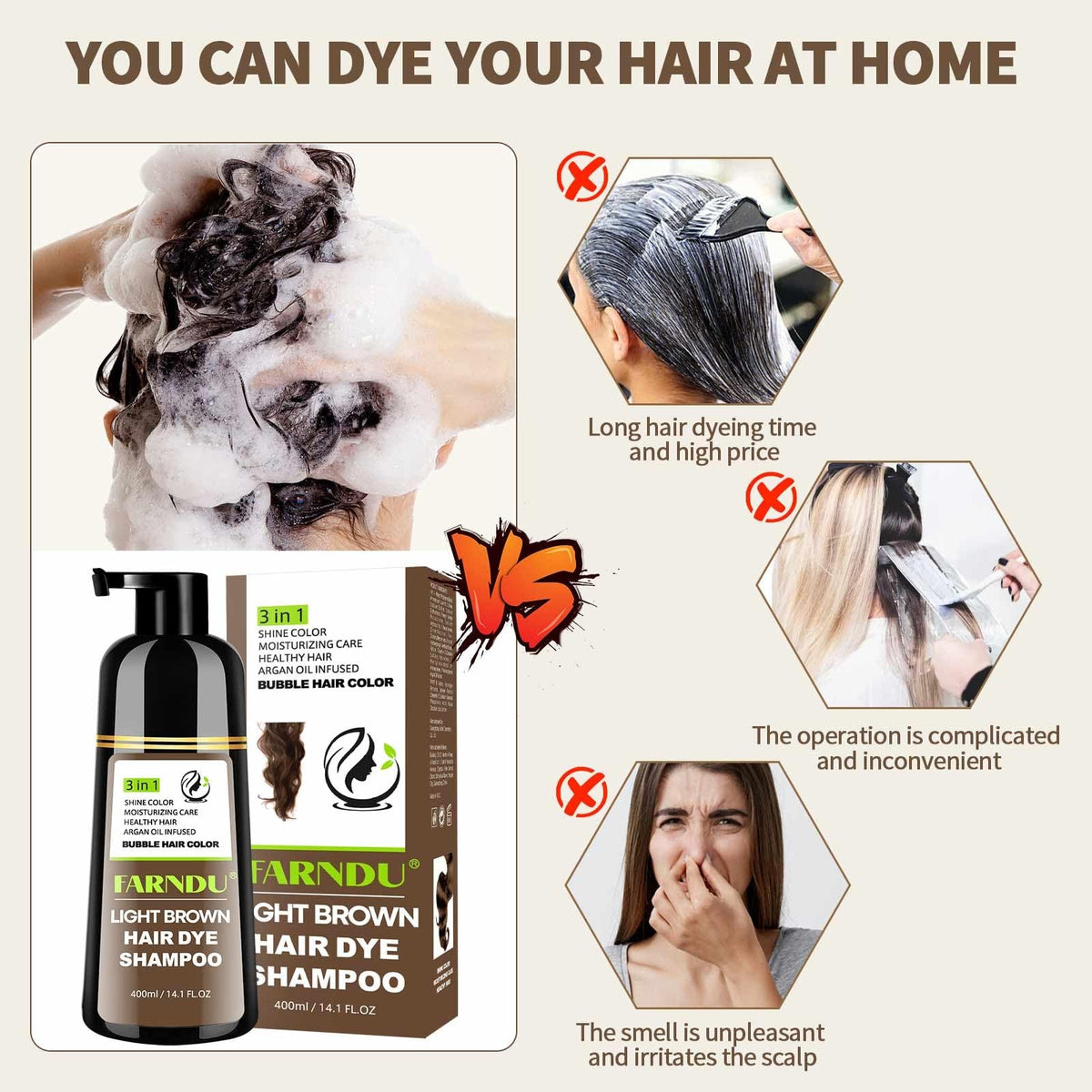 Light Brown Hair Dye Shampoo 3-in-1 Nourishing Hair Color for Gray Coverage