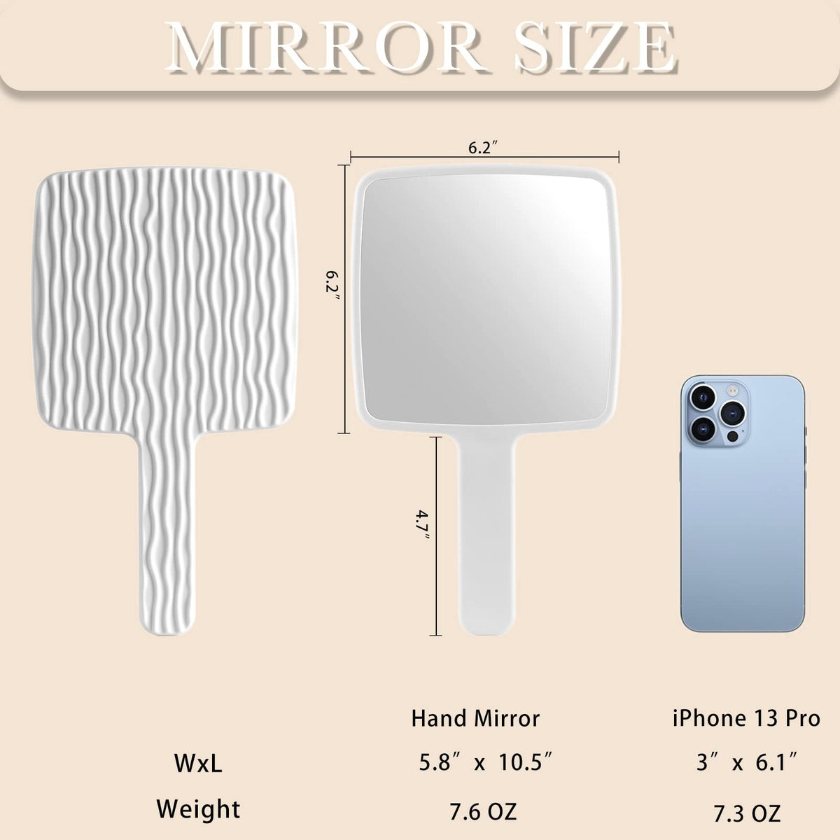 Portable White Handheld Mirror with Handle for Makeup & Shaving
