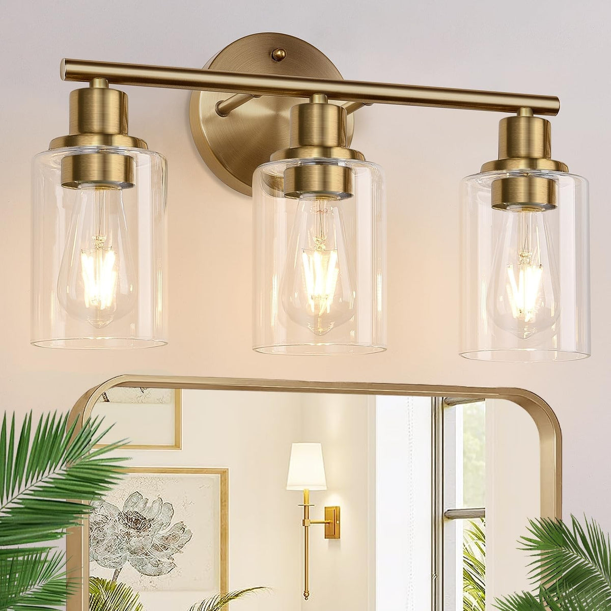 3-Light Modern Bathroom Wall Sconce with Clear Glass Shades - Brushed Brass Finish
