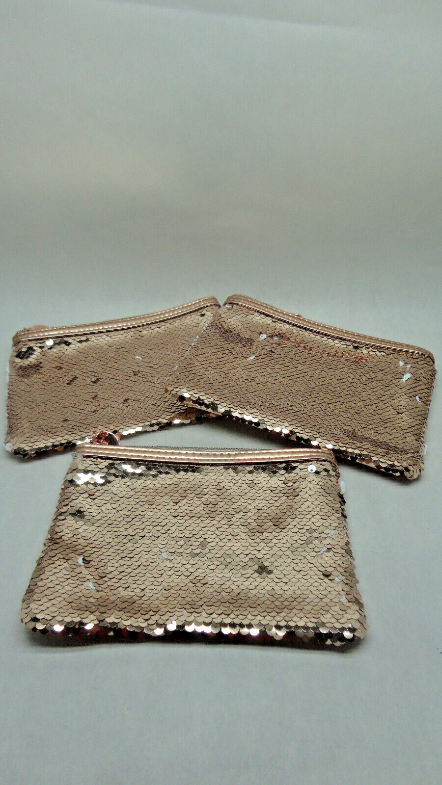 3 Pack Reversible Sequin Makeup Pouches Travel Bag Rose Gold & White