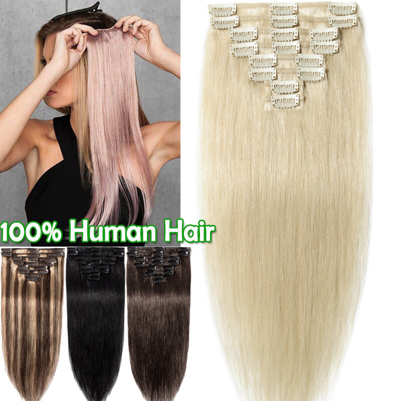 8pcs Clip-In Remy Human Hair Extensions Full Head - Brown Blonde Ombre