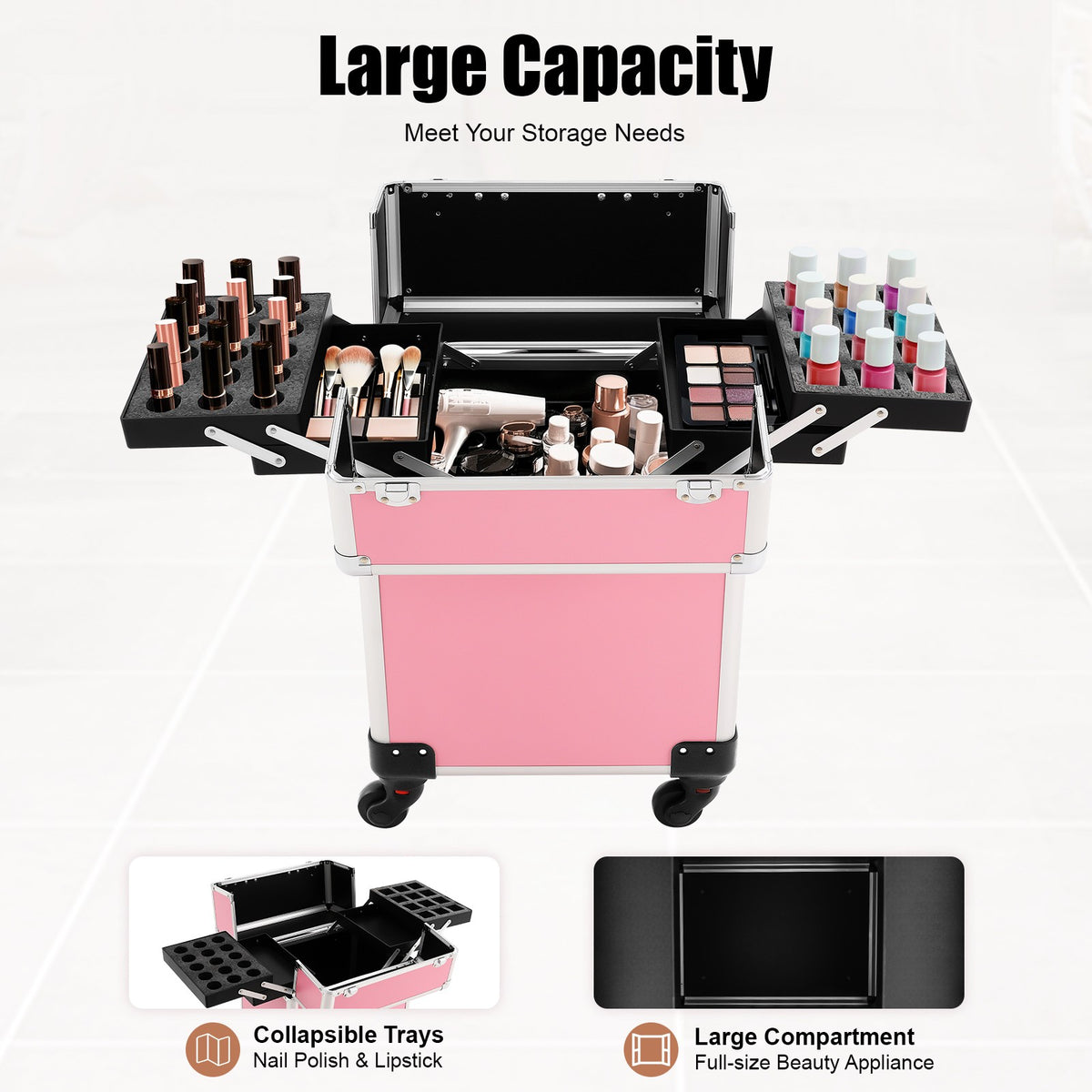 Pink Aluminum Cosmetic Train Case with Wheels & Large Storage
