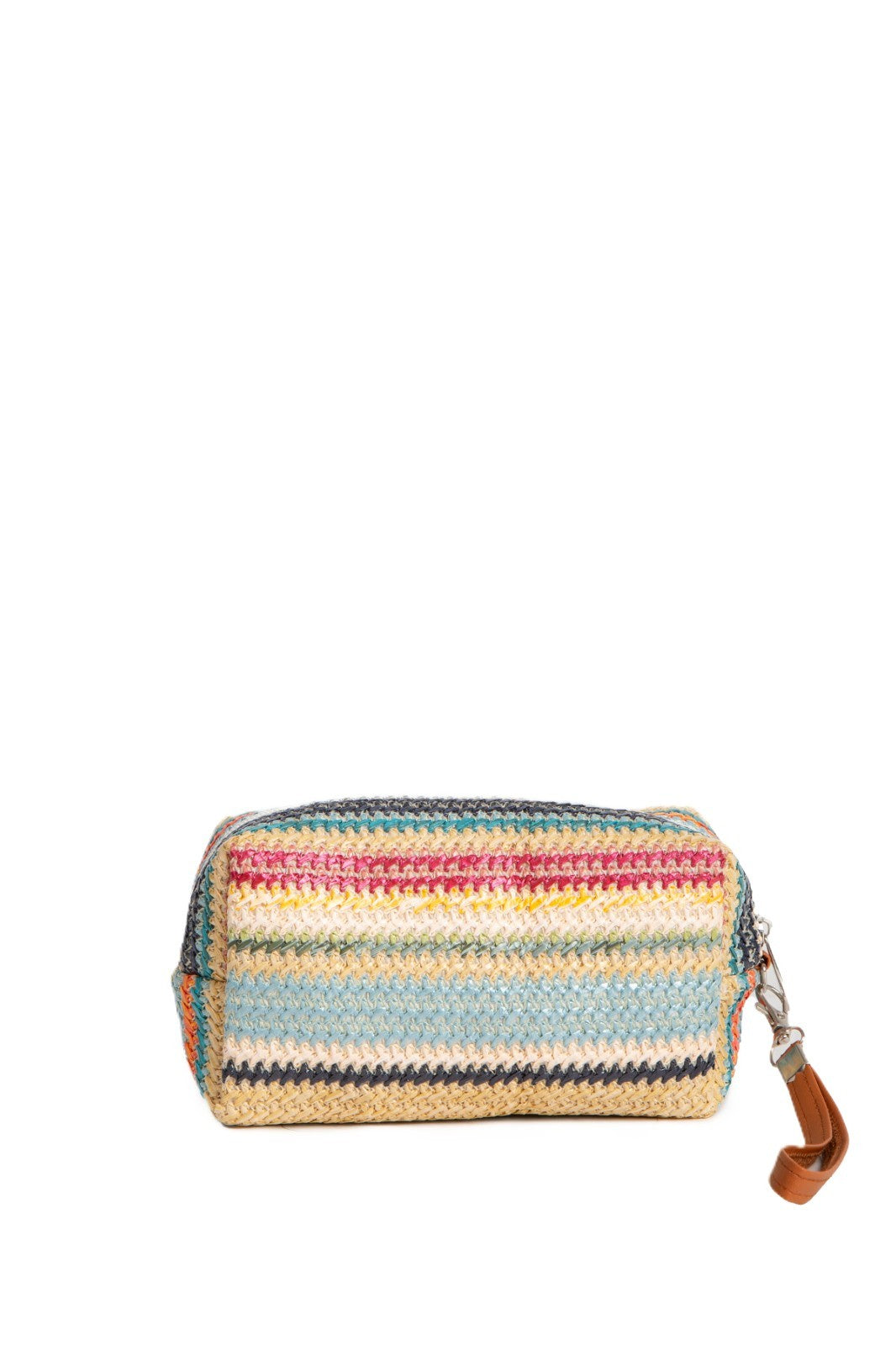Large Travel Pouch with Zipper & Interior Pocket - Multi-Colored Striped & Daisy Pattern