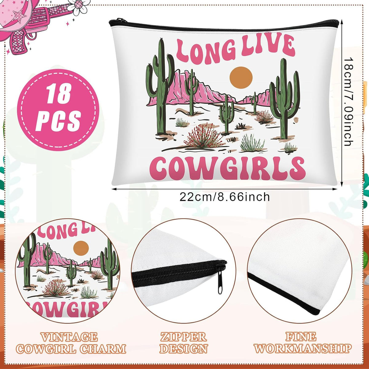 Western Cowgirl Makeup Bags Set - 18 Durable Canvas Cosmetic Pouches