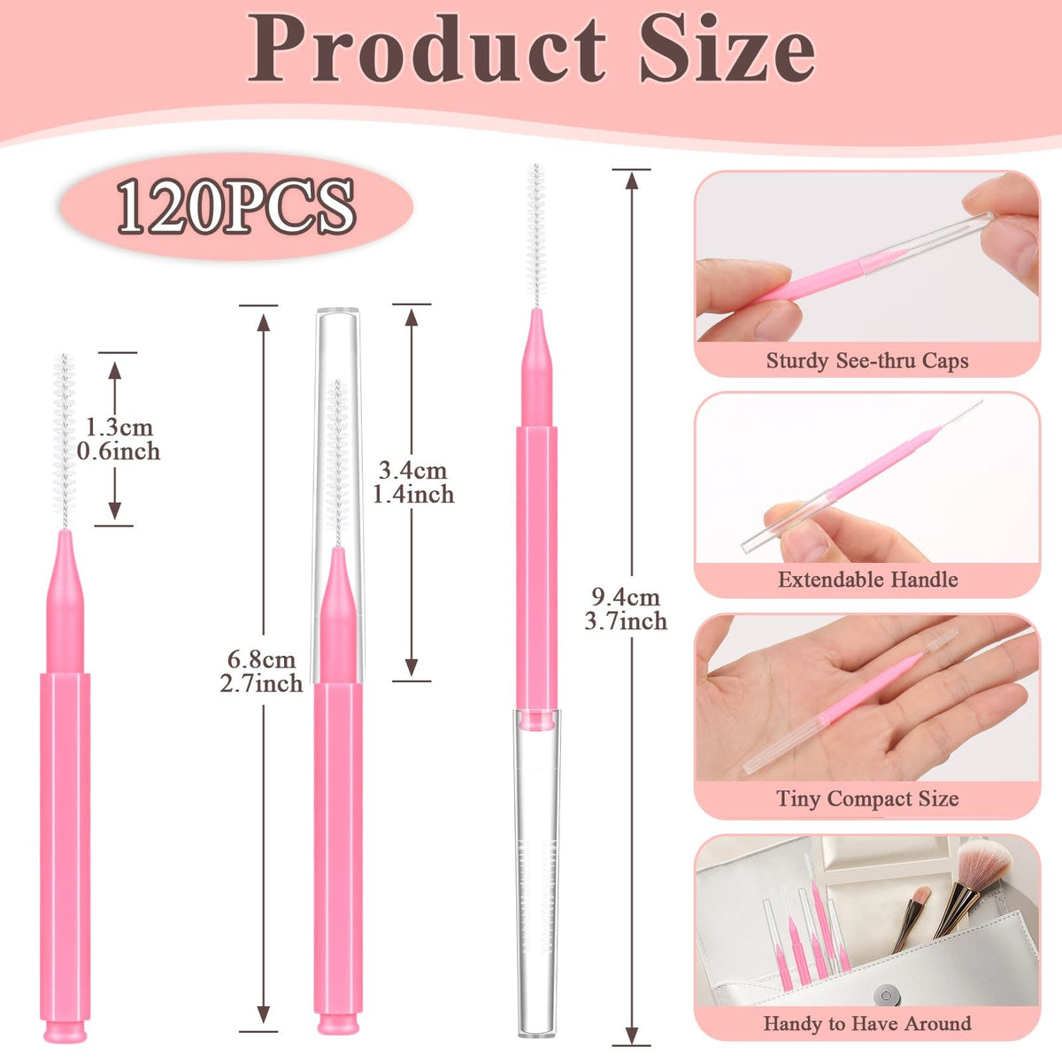 120 Pcs Micro Eyebrow Lash Brush Set with Caps for Makeup & Lamination - Pink