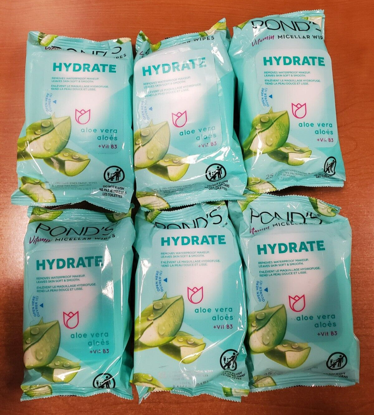 Pond's Vitamin Micellar Wipes Hydrate Aloe Vera – 6 Packs of 25