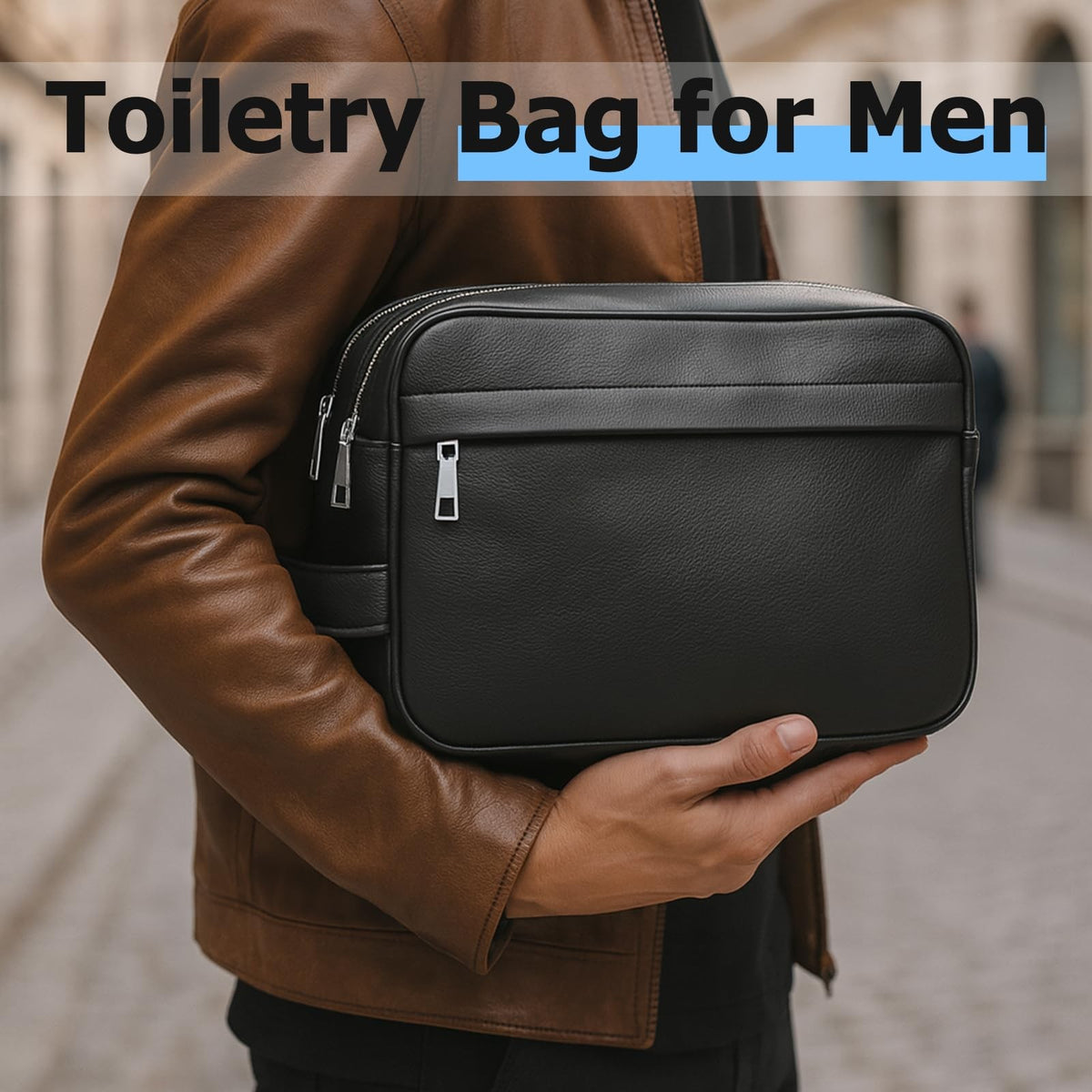 Travel Toiletry Bag for Men Leather Water-Resistant Dopp Kit Black