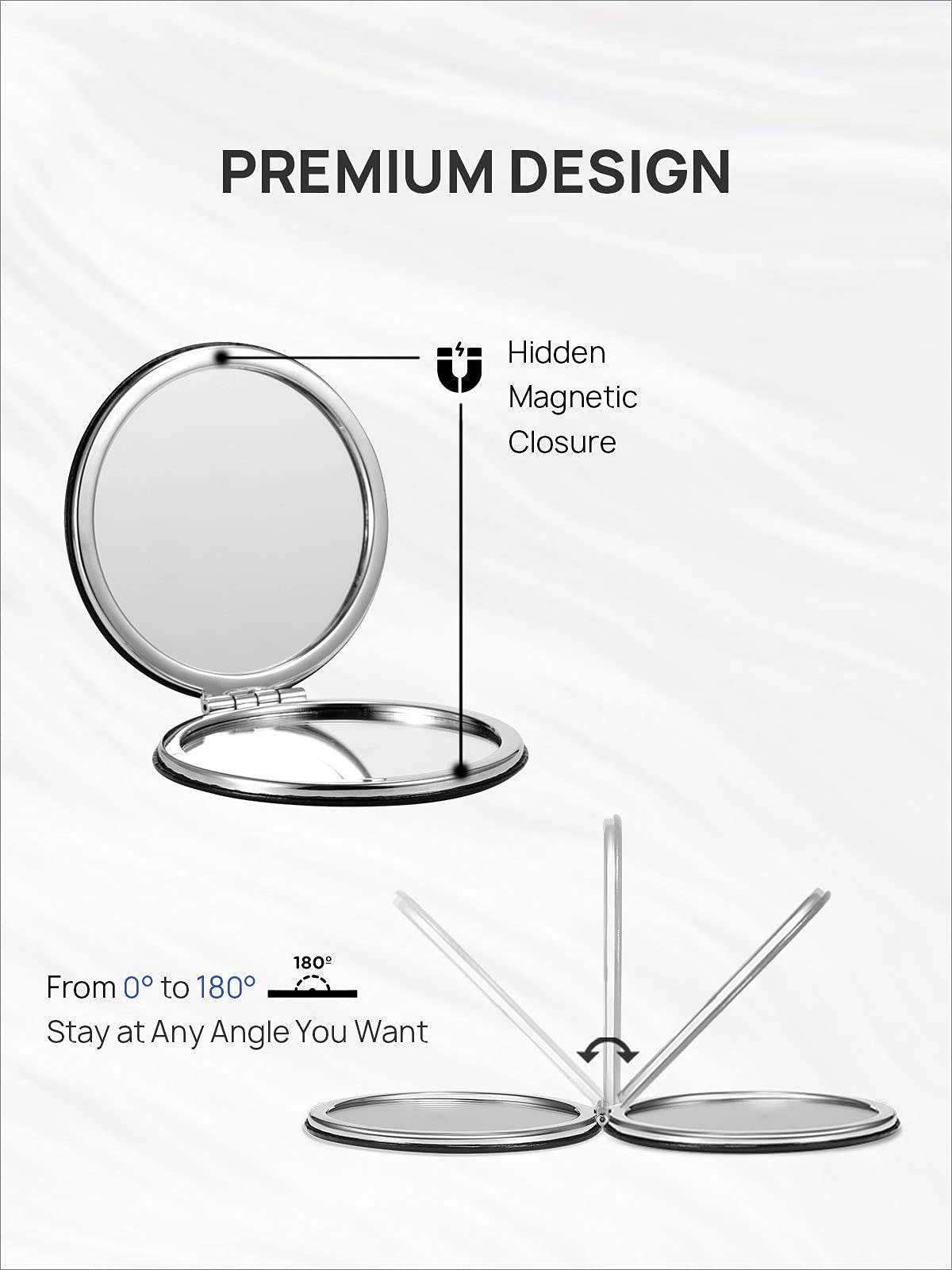 10X Magnifying Compact Mirror with PU Leather - Portable Round Black Vanity