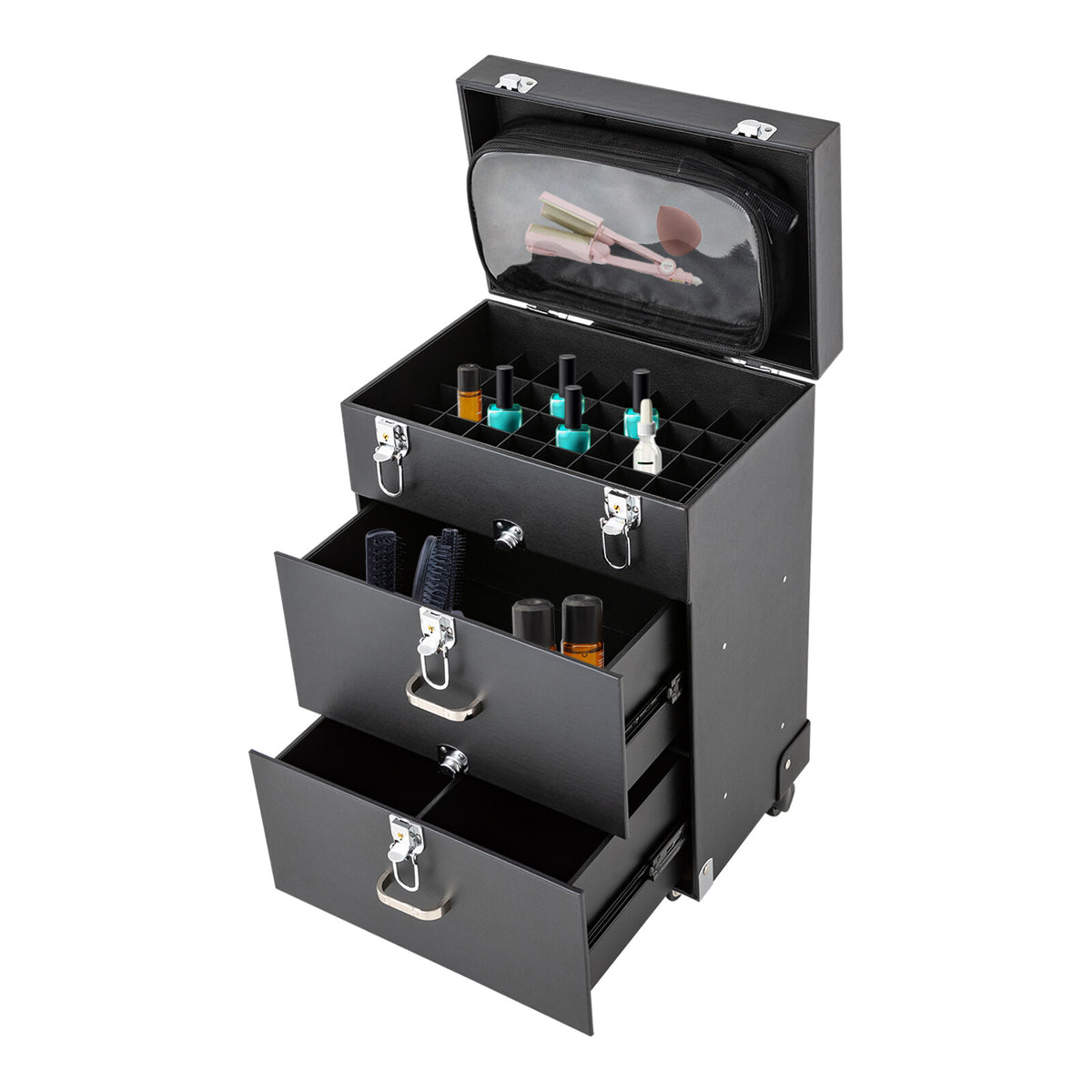 Rolling Makeup Organizer Case with Locking Compartments & Large Capacity