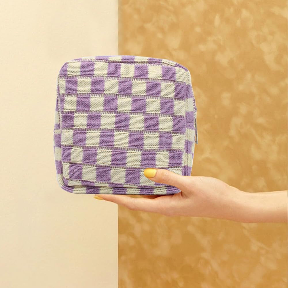 Mini Checkered Cosmetic Bag for Women - Purple Makeup Pouch with Zipper