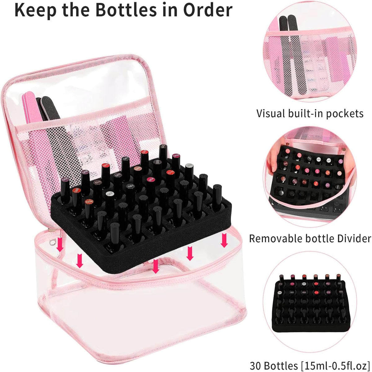 Nail Polish Organizer Case Holds 30 Bottles Travel Storage with Manicure Tools
