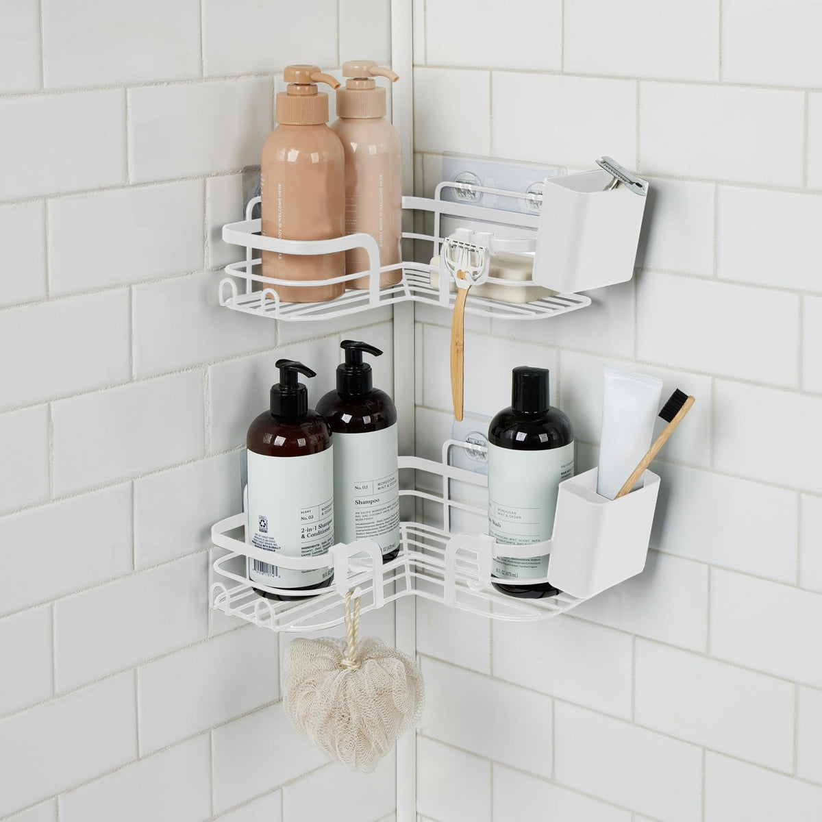 Adhesive Corner Shower Shelf Set - White, Rust-Proof Wall Mount Bathroom Caddy