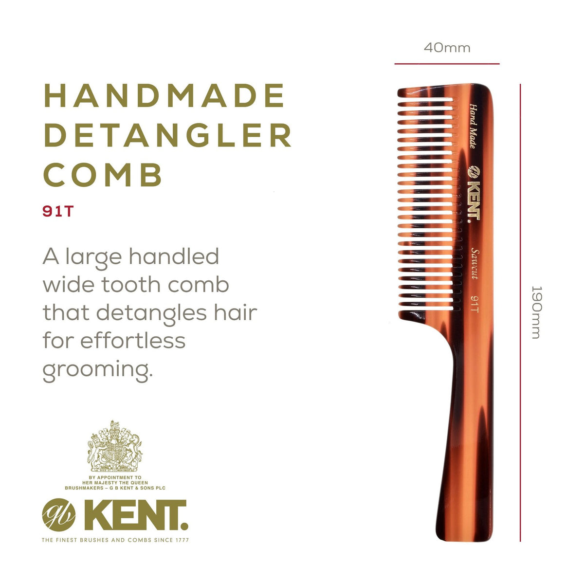 Kent 91T Wide Tooth Detangler Comb for Curly, Wavy, Thick Hair - No