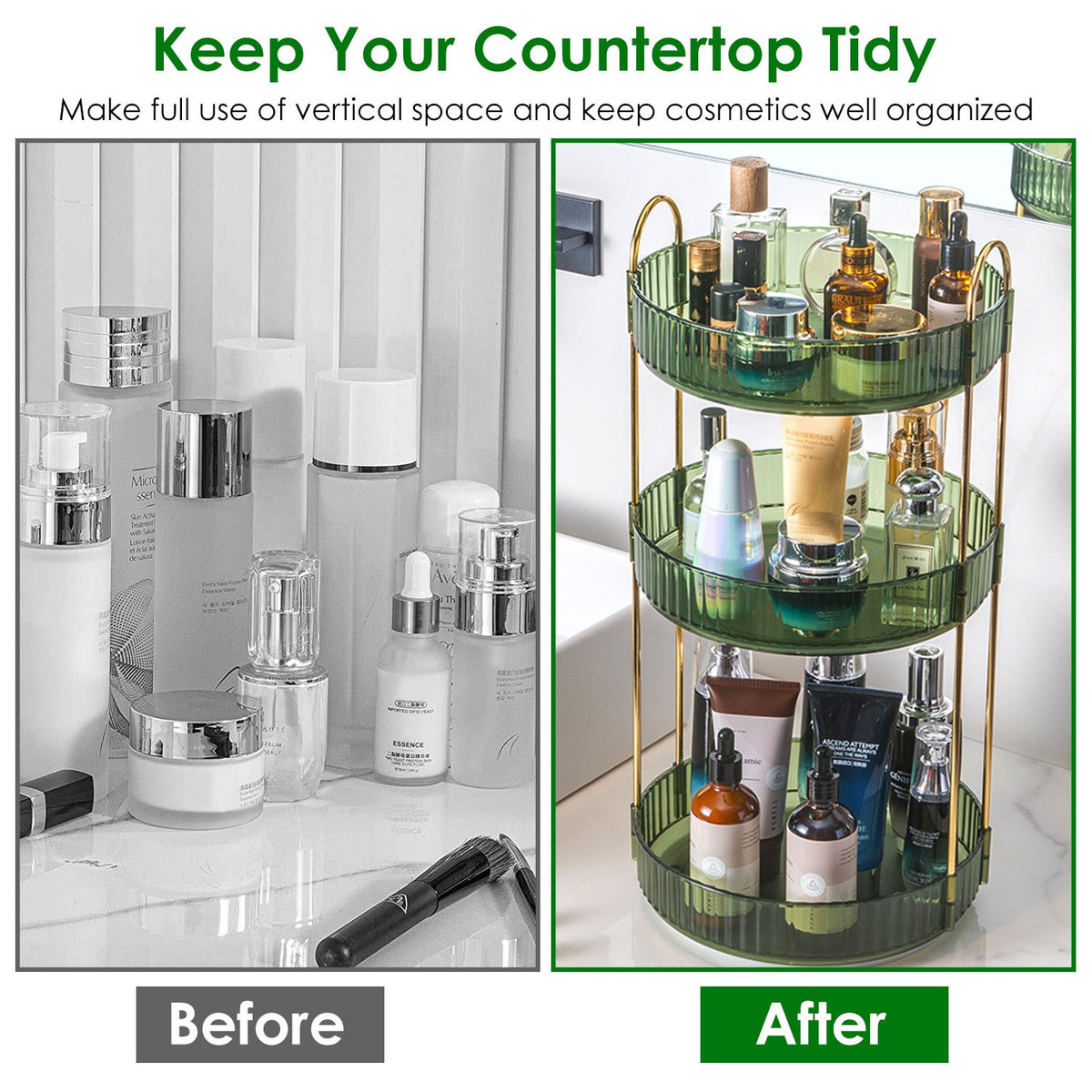 360 Degree Rotating Makeup Organizer Shelf, 3-Tier Lazy Susan Cosmetic Storage