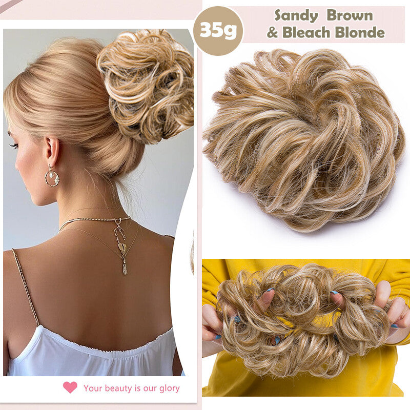 Natural Human Hair Messy Bun Ponytail Extensions with Curly Scrunchie Updo