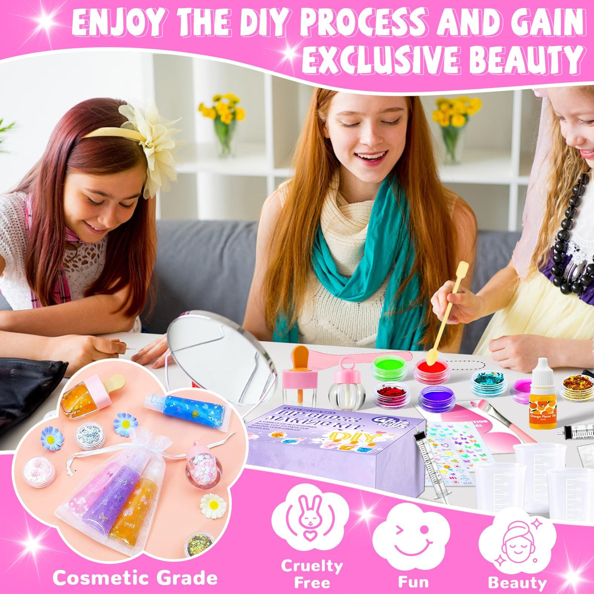 DIY Lip Gloss Making Kit with Moisturizing Base & Accessories - 74 Pieces