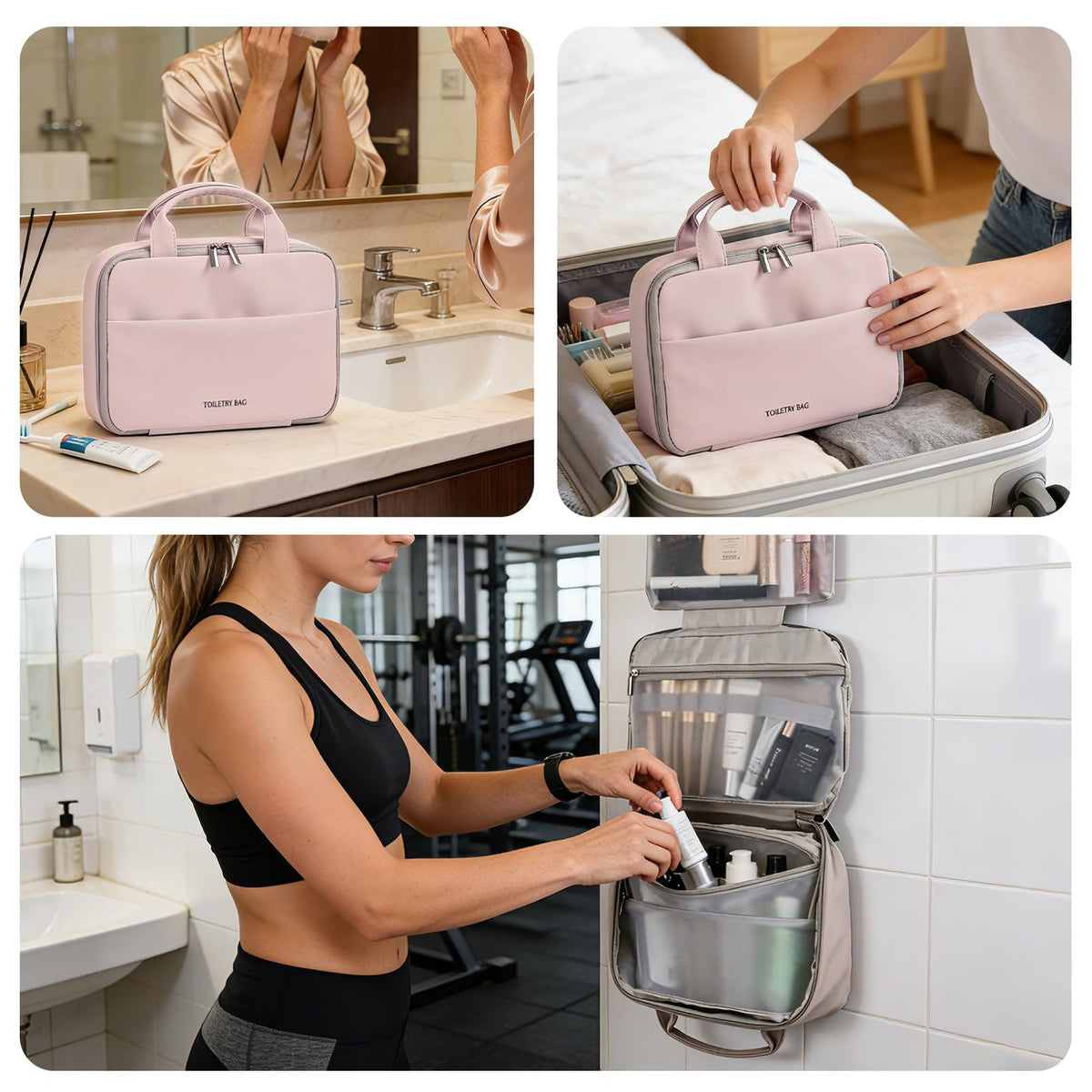 Travel Hanging Toiletry Bag for Women Waterproof Makeup Organizer Rose Pink