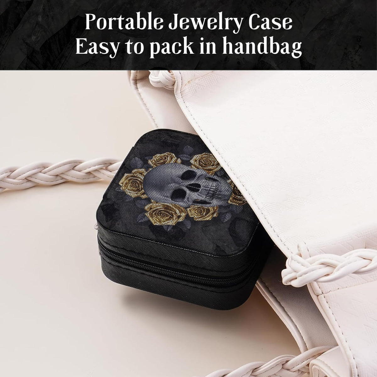 Travel Jewelry Case with Mirror and Skull Design, Black Faux Leather Organizer for Women