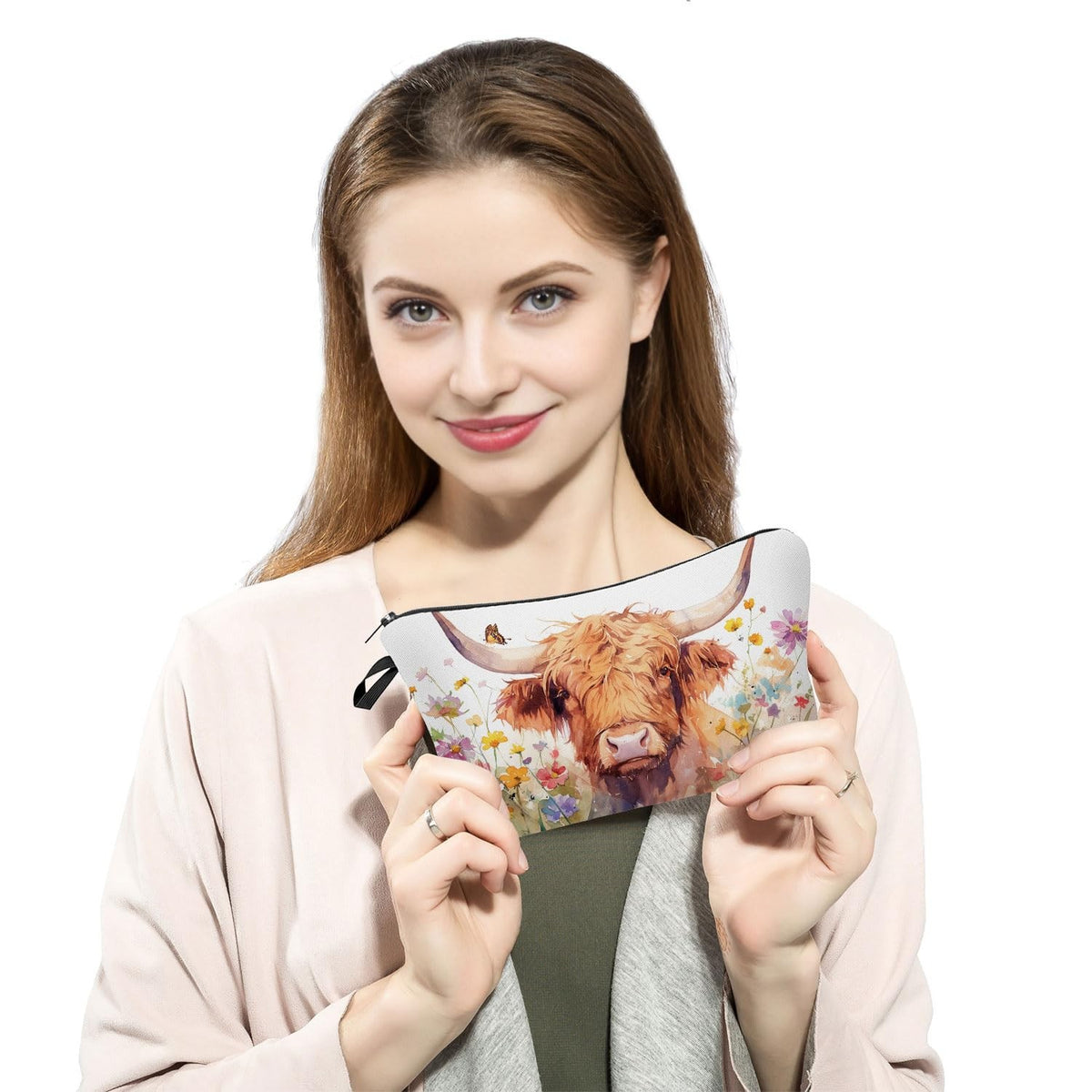Cute Highland Cattle Makeup Bag with Zipper - Small Organizer for Cosmetics & Toiletries