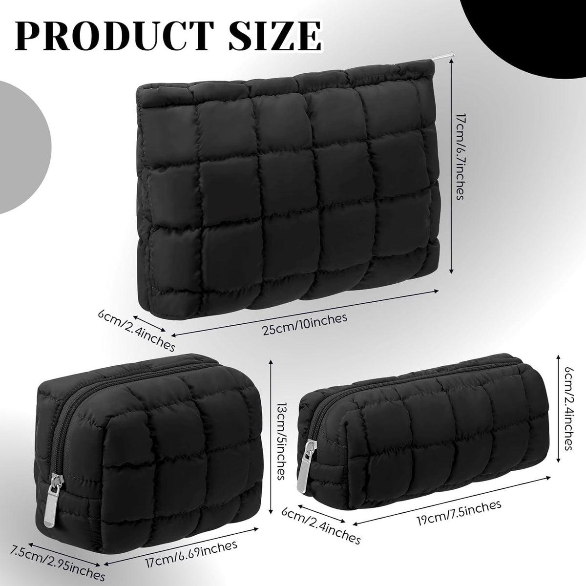 3 Pack Quilted Makeup Bags for Women - Travel Cosmetic Pouch Set