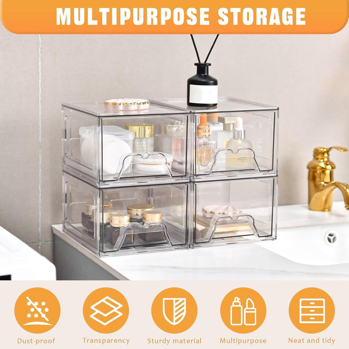 Stackable Makeup Organizer with Drawers - Clear Acrylic Storage for Vanity & Bathroom