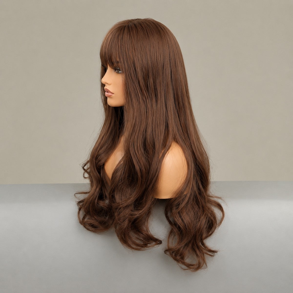 Brown Costume Wig with Bangs - Long Wavy Heat-Resistant Synthetic Hair