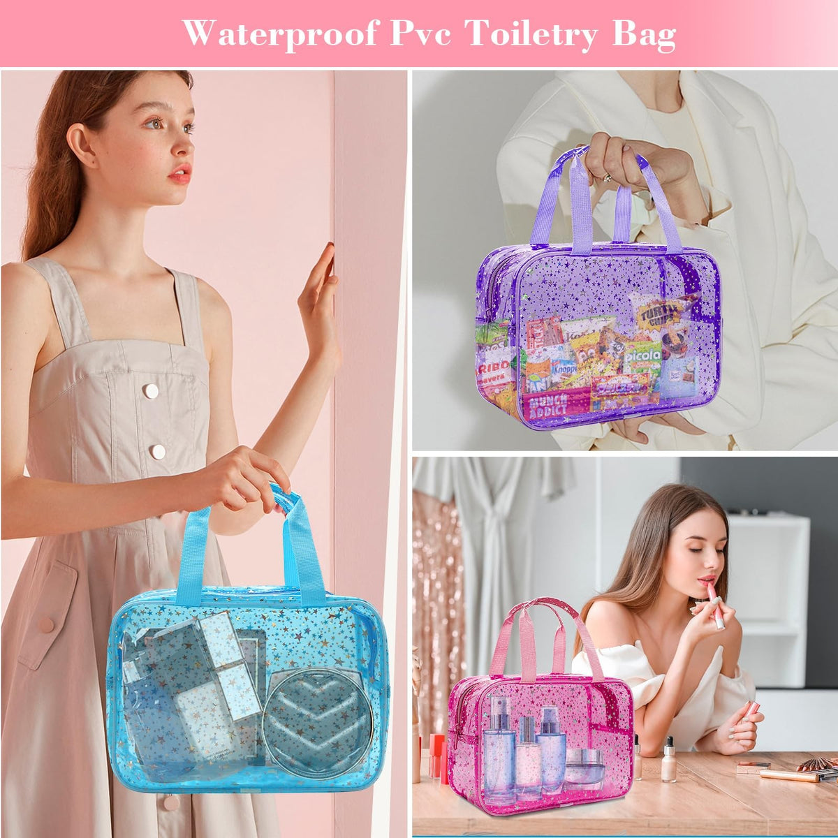 Large Clear Makeup Bag with Star Pattern - Travel Cosmetic Organizer, Waterproof PVC