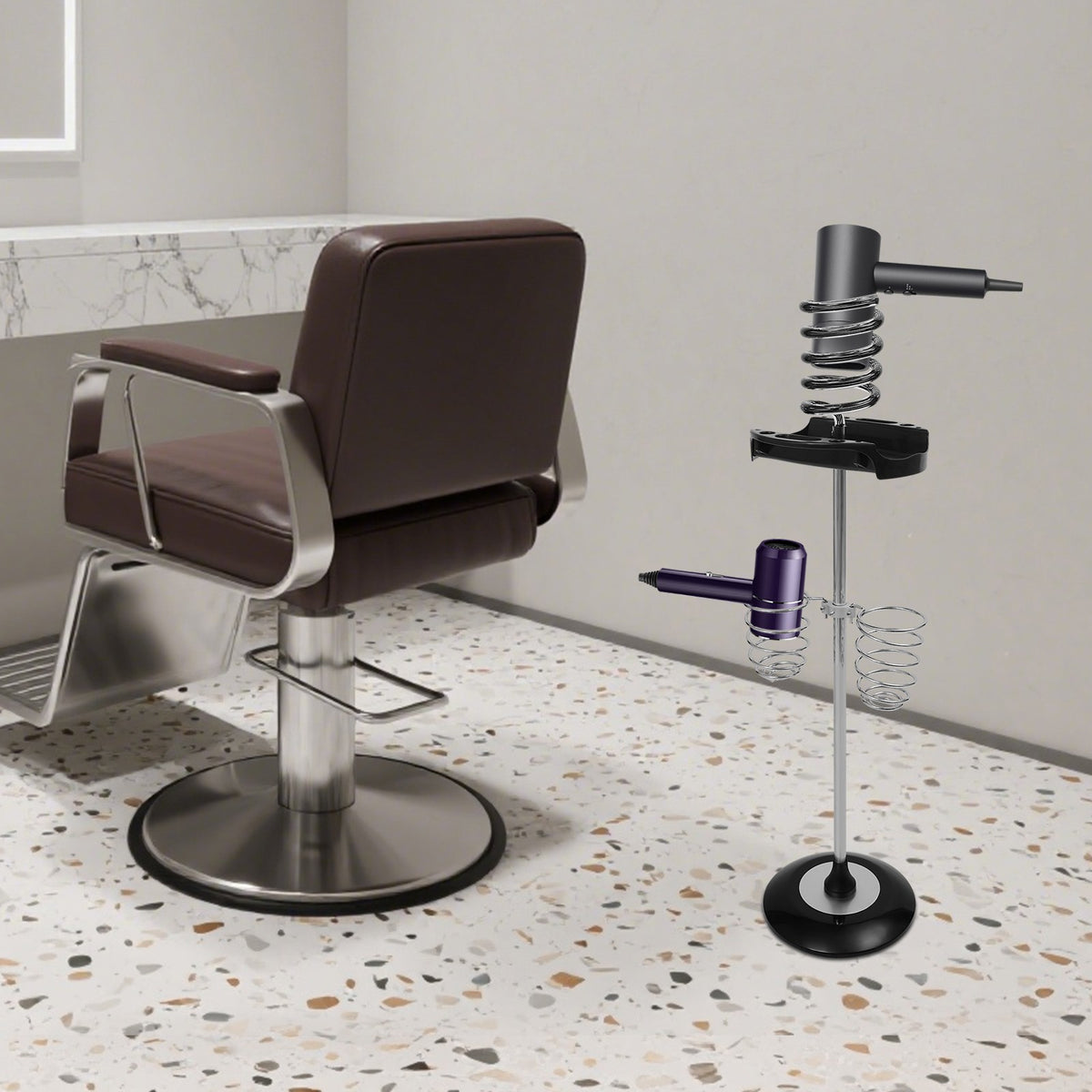 Freestanding Hair Dryer Stand with Tray & Spiral Holders for Salon & Home
