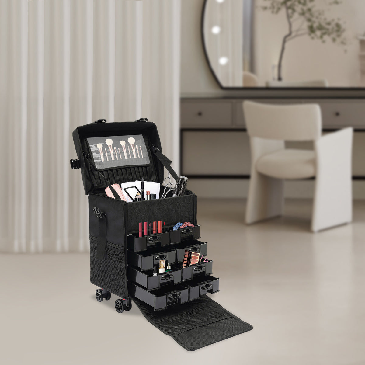 Professional Rolling Makeup Train Case with Drawers Travel Trolley