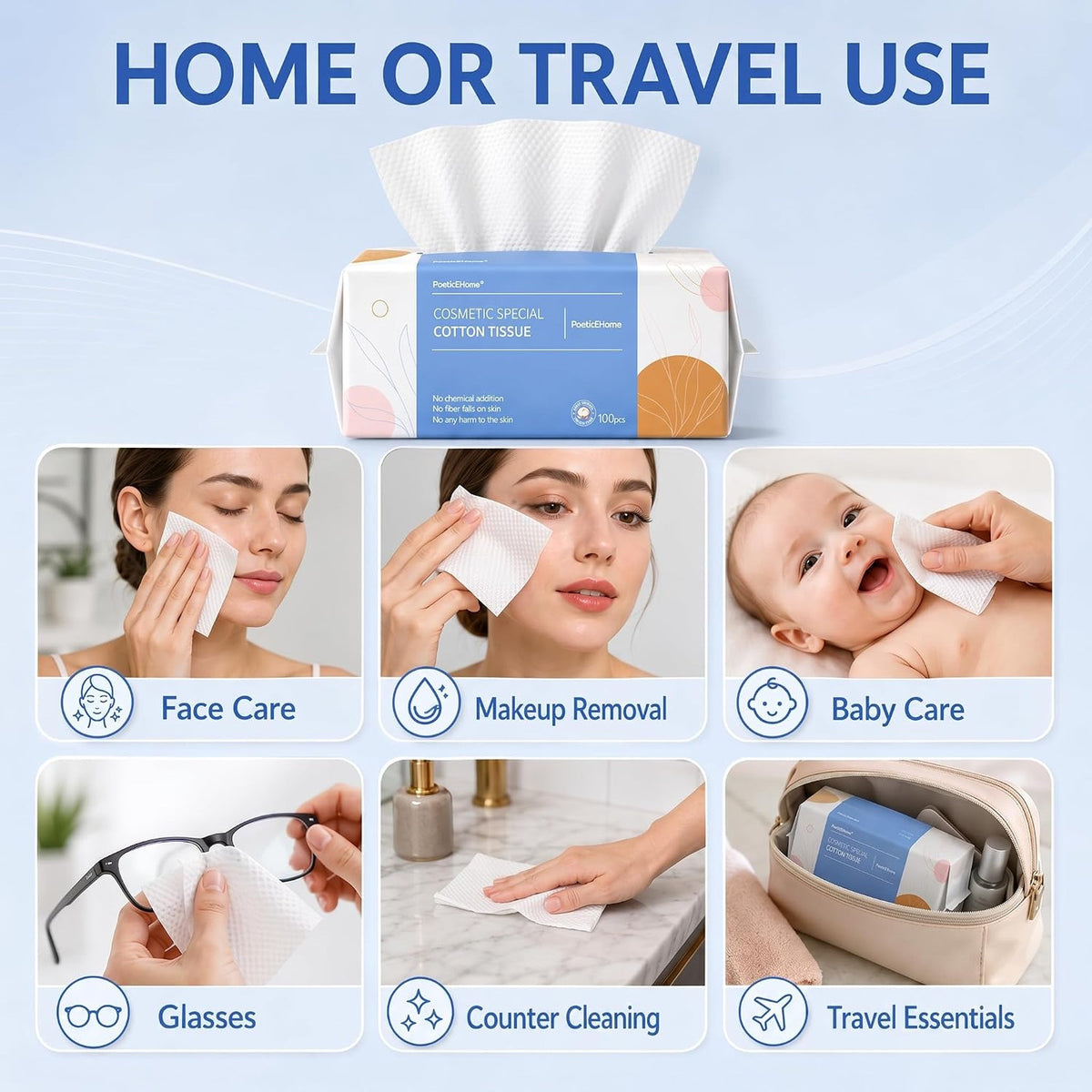 Cotton Face Tissues 6 Pack – 100% Dry Cleansing Wipes, Lint-Free Facial Towel