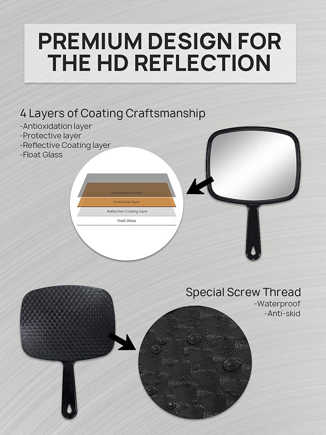 Black Handheld Mirror with Handle - 9.3 x 6.6 Inches, HD Reflection